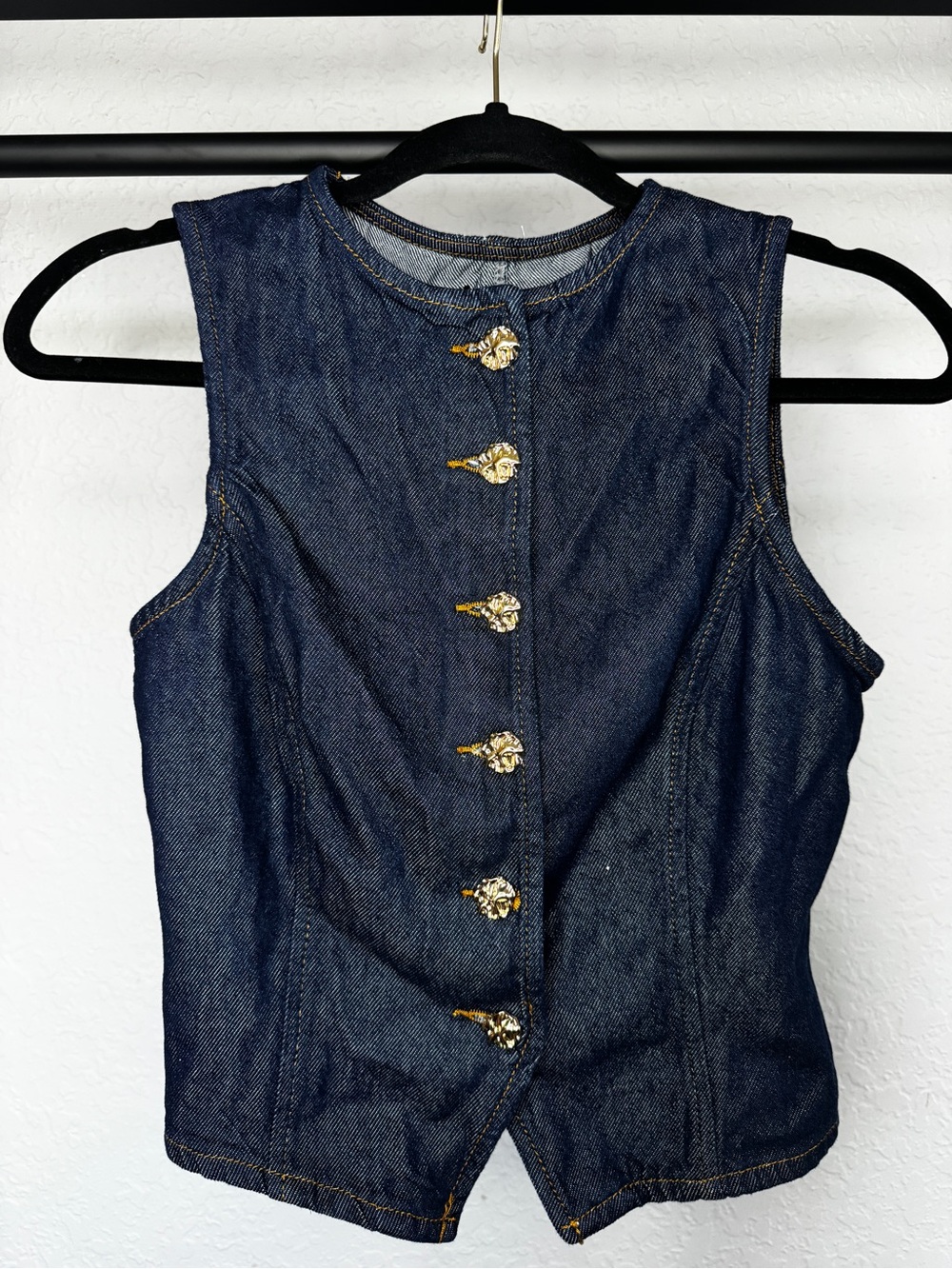 Zara Dark Blue Denim Tank with Gold Floral Buttons